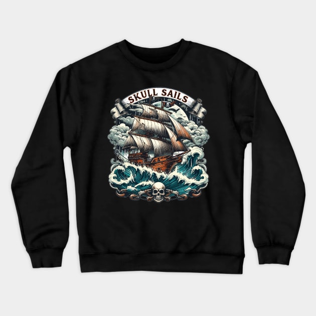 Pirate Ship, Skull Sails Crewneck Sweatshirt by Vehicles-Art